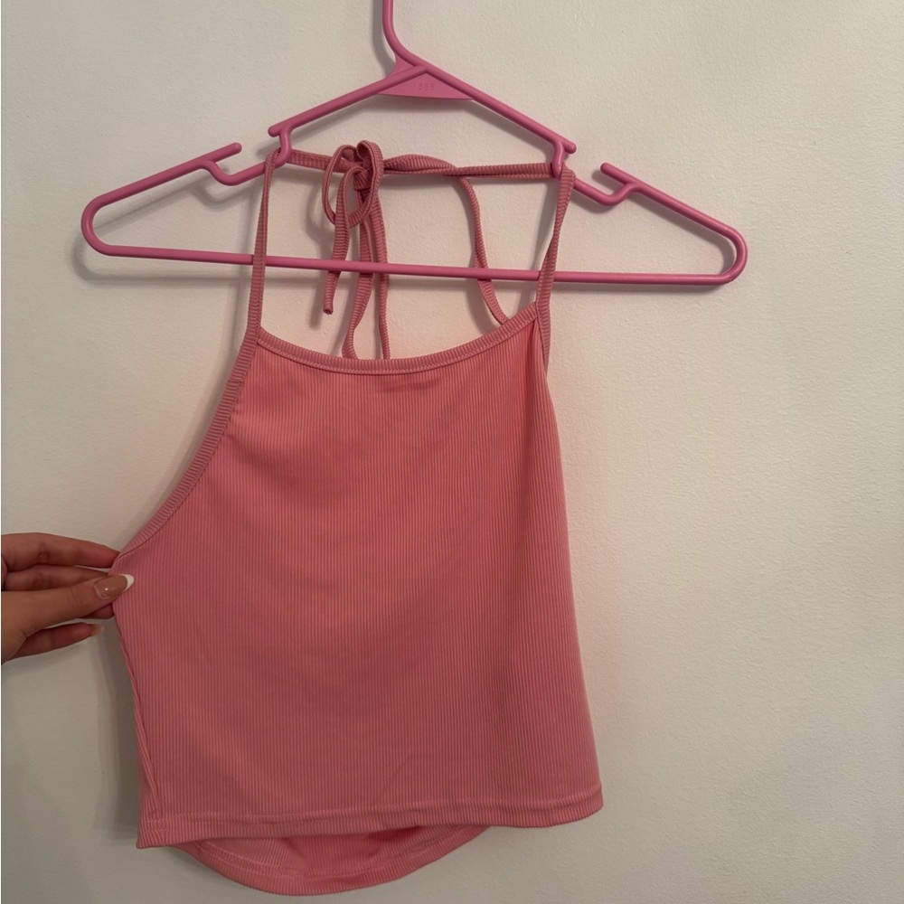 Pink Halter Neck Ribbed Top